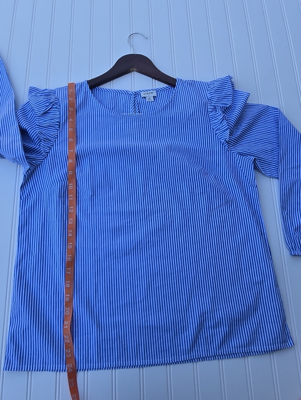 J. Crew Blue & White Striped Ruffle Shoulder Long Sleeve Blouse - Size M - Picture 9 of 12